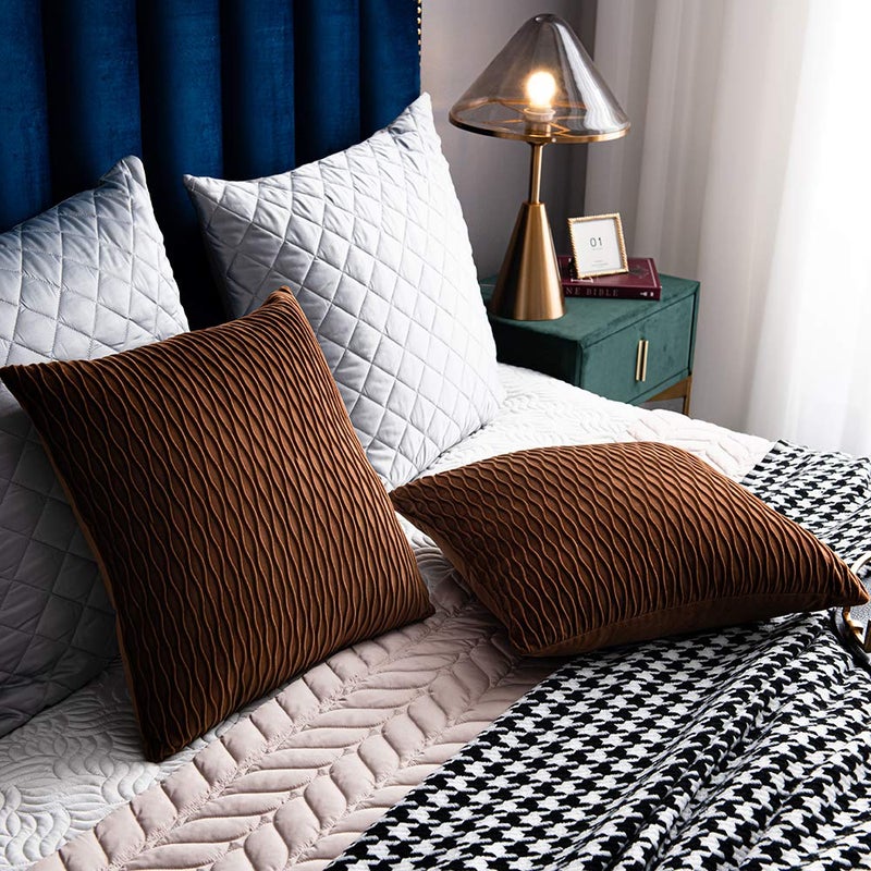 DEZENE Light Brown Throw Pillow Cases: 2 Pack 18x18 Inch Original Stripe Velvet Square Decorative Pillow Covers for Farmhouse Couch - Image 5